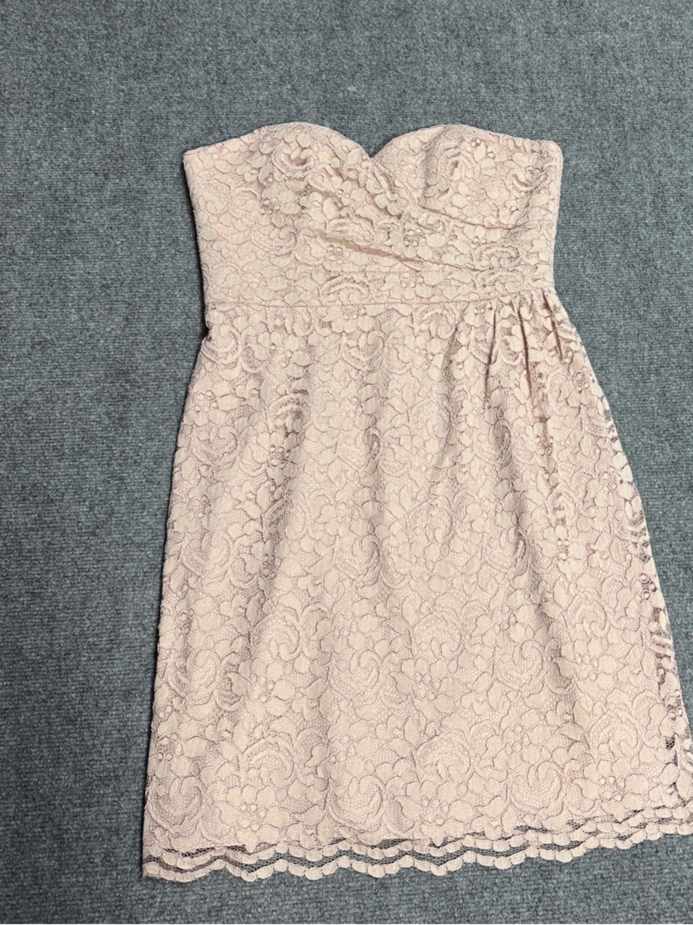 David's Bridal Strapless Lace Dress in Blush Pink